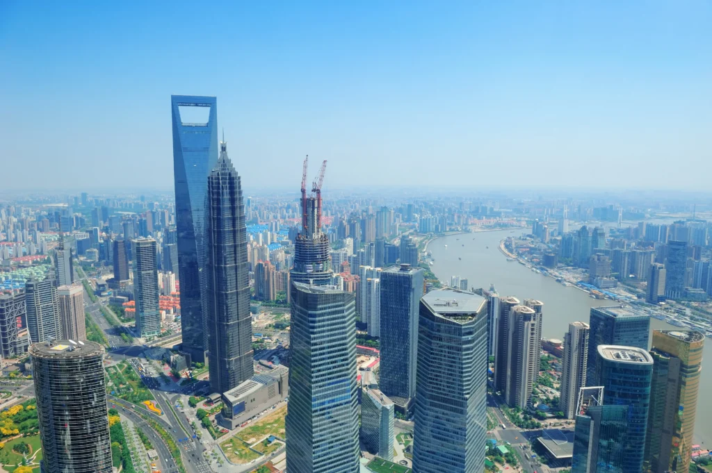 shanghai city aerial view with urban architecture blue sky day