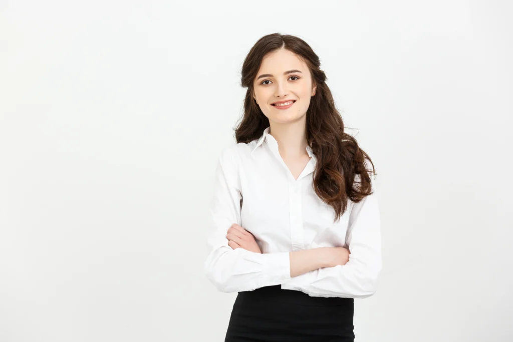 business concept portrait confident young businesswoman keeping arms crossed looking camera w